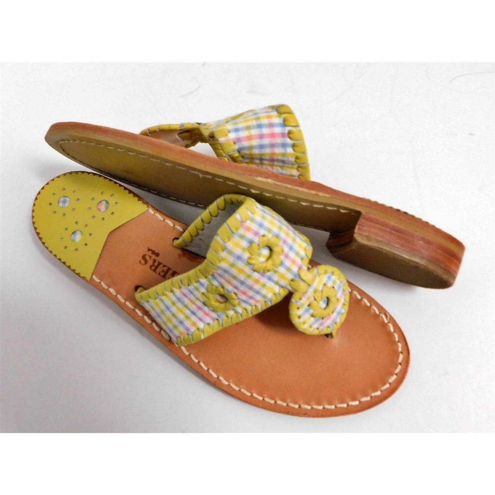 New Jack Rogers Navajo Yellow Pastel Multi Plaid Leather Flip‎ Flop Sandals 6 M - Picture 3 of 4